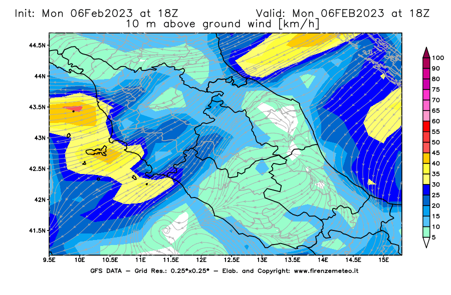 Mappa di analisi GFS - Velocità del vento a 10 metri dal suolo [km/h] in Centro-Italia
							del 06/02/2023 18 <!--googleoff: index-->UTC<!--googleon: index-->