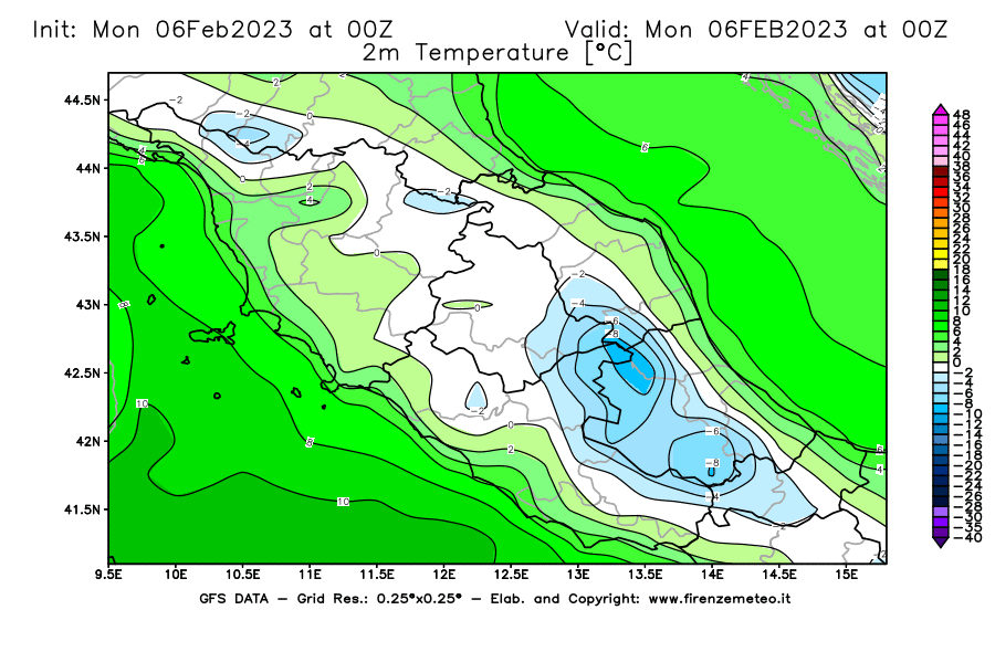 Mappa di analisi GFS - Temperatura a 2 metri dal suolo [°C] in Centro-Italia
							del 06/02/2023 00 <!--googleoff: index-->UTC<!--googleon: index-->