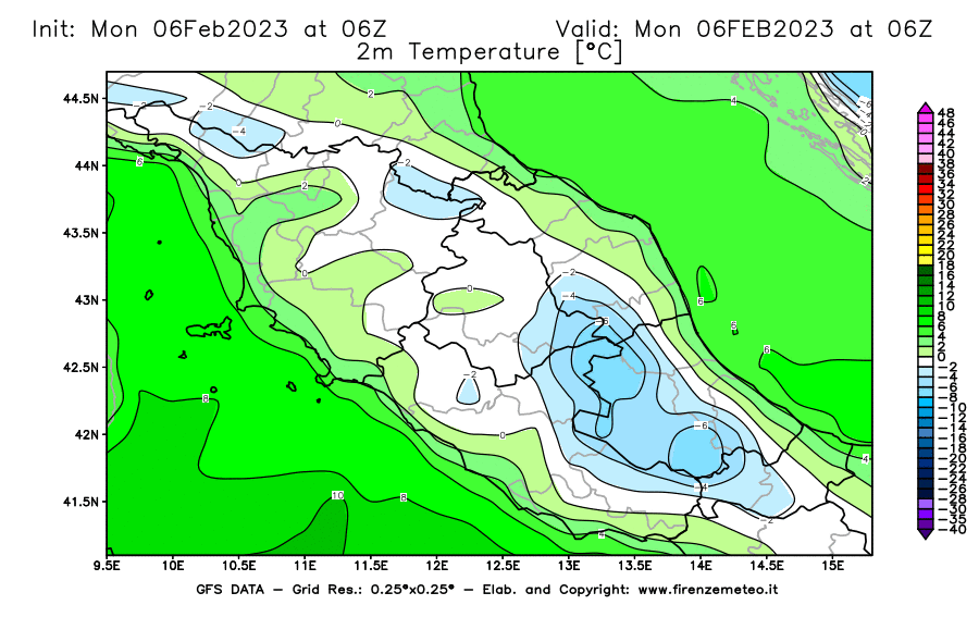 Mappa di analisi GFS - Temperatura a 2 metri dal suolo [°C] in Centro-Italia
							del 06/02/2023 06 <!--googleoff: index-->UTC<!--googleon: index-->