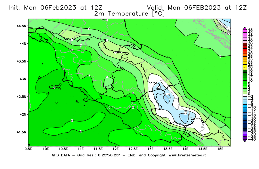 Mappa di analisi GFS - Temperatura a 2 metri dal suolo [°C] in Centro-Italia
							del 06/02/2023 12 <!--googleoff: index-->UTC<!--googleon: index-->