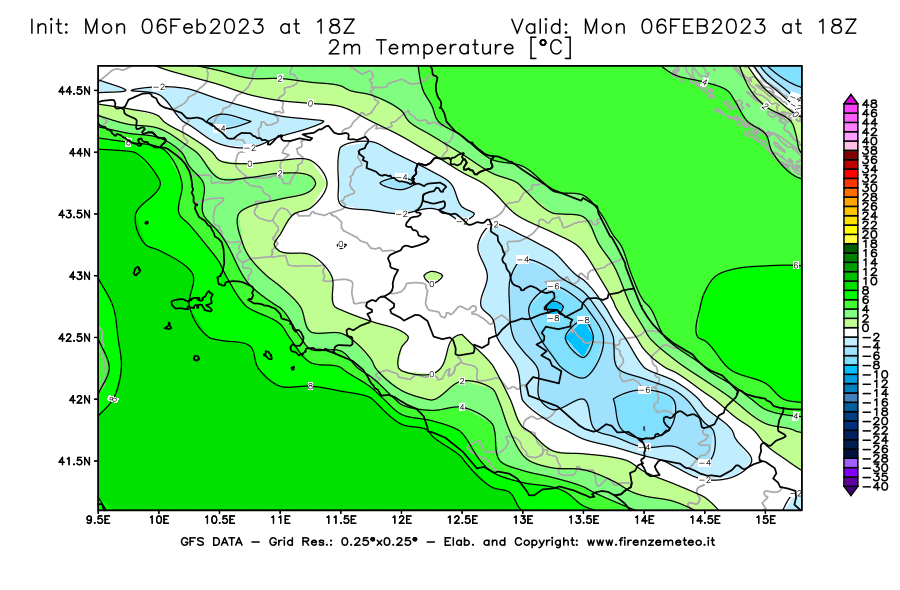 Mappa di analisi GFS - Temperatura a 2 metri dal suolo [°C] in Centro-Italia
							del 06/02/2023 18 <!--googleoff: index-->UTC<!--googleon: index-->