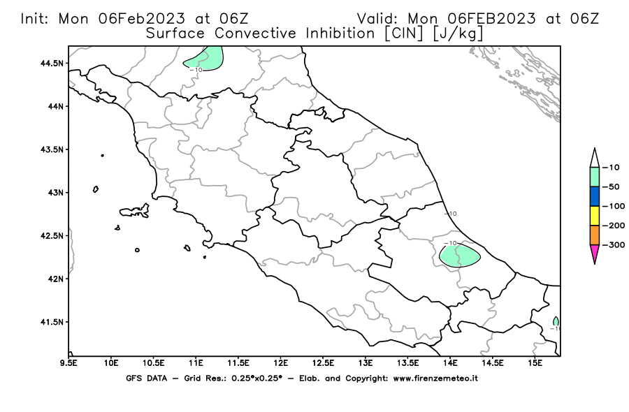 Mappa di analisi GFS - CIN [J/kg] in Centro-Italia
							del 06/02/2023 06 <!--googleoff: index-->UTC<!--googleon: index-->