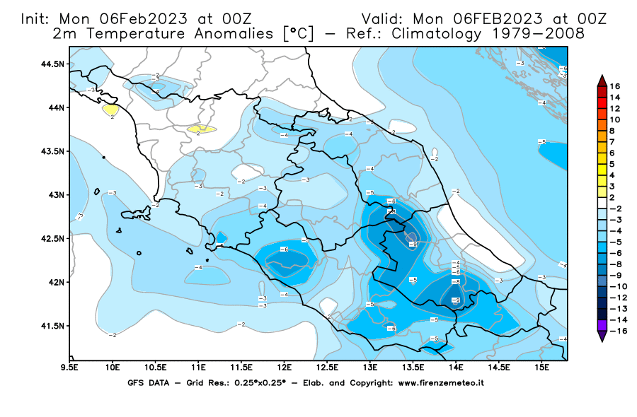 Mappa di analisi GFS - Anomalia Temperatura [°C] a 2 m in Centro-Italia
							del 06/02/2023 00 <!--googleoff: index-->UTC<!--googleon: index-->