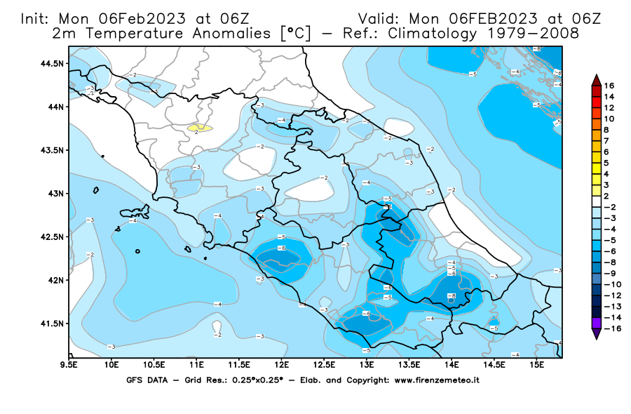 Mappa di analisi GFS - Anomalia Temperatura [°C] a 2 m in Centro-Italia
							del 06/02/2023 06 <!--googleoff: index-->UTC<!--googleon: index-->