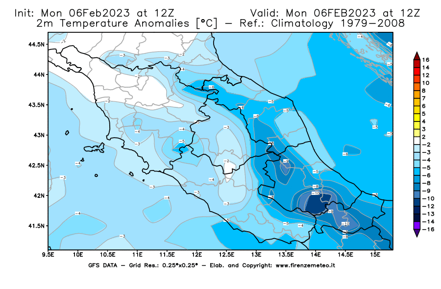 Mappa di analisi GFS - Anomalia Temperatura [°C] a 2 m in Centro-Italia
							del 06/02/2023 12 <!--googleoff: index-->UTC<!--googleon: index-->