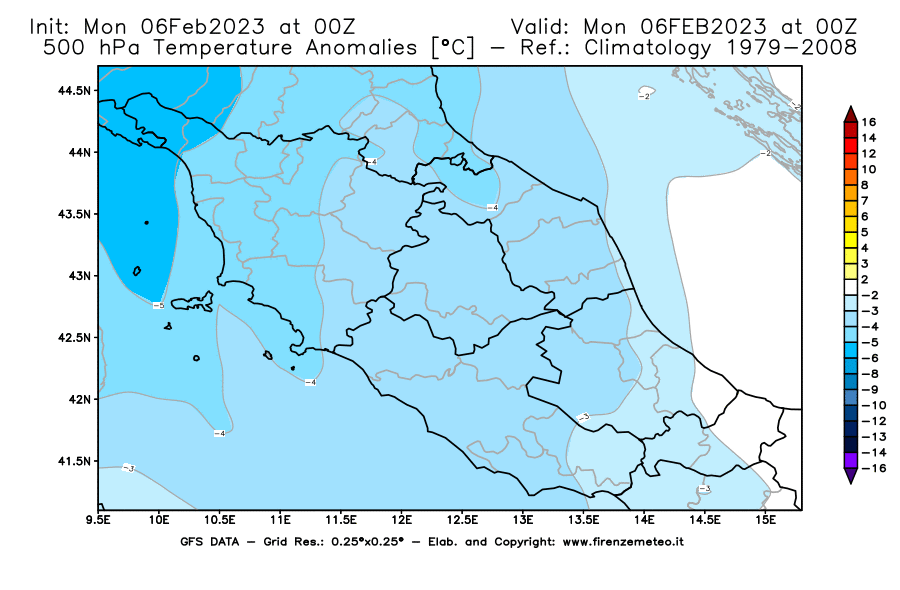 Mappa di analisi GFS - Anomalia Temperatura [°C] a 500 hPa in Centro-Italia
							del 06/02/2023 00 <!--googleoff: index-->UTC<!--googleon: index-->