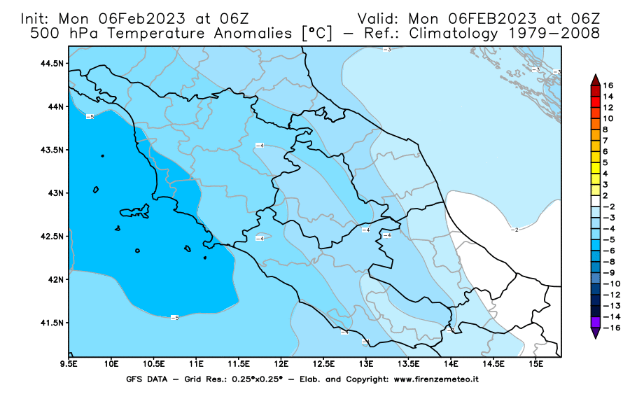 Mappa di analisi GFS - Anomalia Temperatura [°C] a 500 hPa in Centro-Italia
							del 06/02/2023 06 <!--googleoff: index-->UTC<!--googleon: index-->