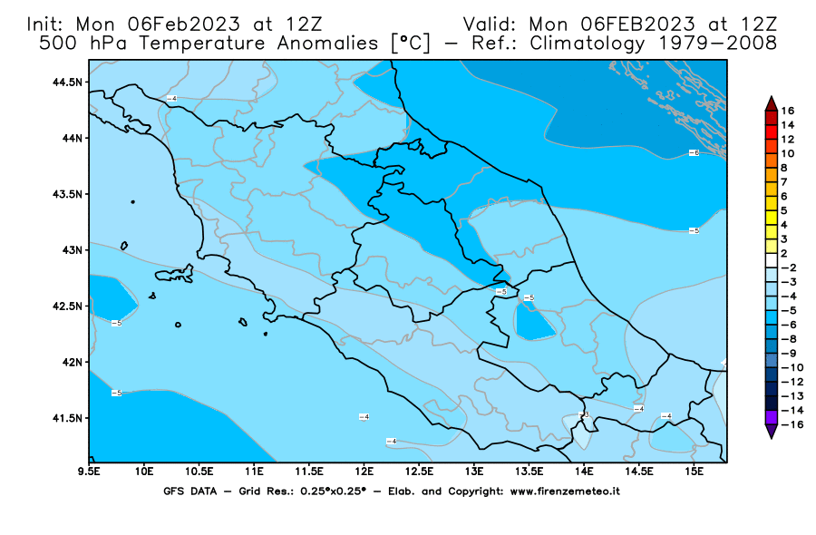 Mappa di analisi GFS - Anomalia Temperatura [°C] a 500 hPa in Centro-Italia
							del 06/02/2023 12 <!--googleoff: index-->UTC<!--googleon: index-->