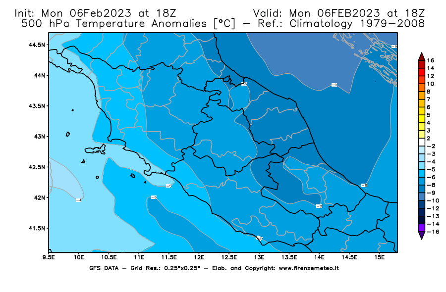 Mappa di analisi GFS - Anomalia Temperatura [°C] a 500 hPa in Centro-Italia
							del 06/02/2023 18 <!--googleoff: index-->UTC<!--googleon: index-->