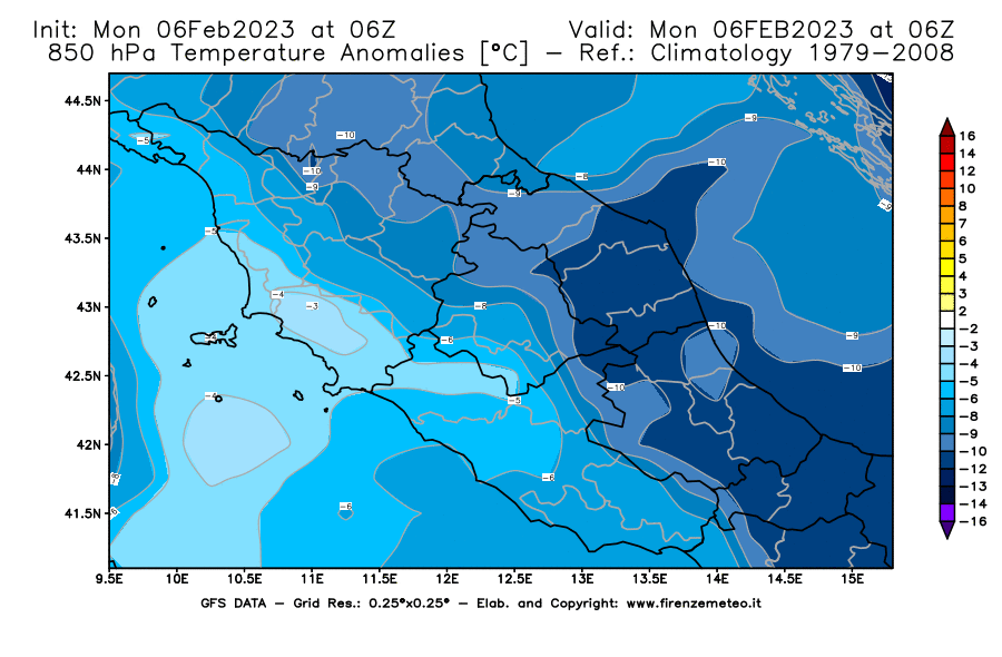 Mappa di analisi GFS - Anomalia Temperatura [°C] a 850 hPa in Centro-Italia
							del 06/02/2023 06 <!--googleoff: index-->UTC<!--googleon: index-->
