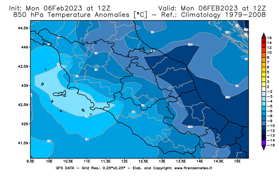 Mappa di analisi GFS - Anomalia Temperatura [°C] a 850 hPa in Centro-Italia
							del 06/02/2023 12 <!--googleoff: index-->UTC<!--googleon: index-->
