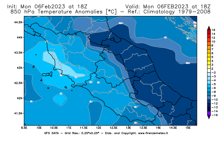 Mappa di analisi GFS - Anomalia Temperatura [°C] a 850 hPa in Centro-Italia
							del 06/02/2023 18 <!--googleoff: index-->UTC<!--googleon: index-->