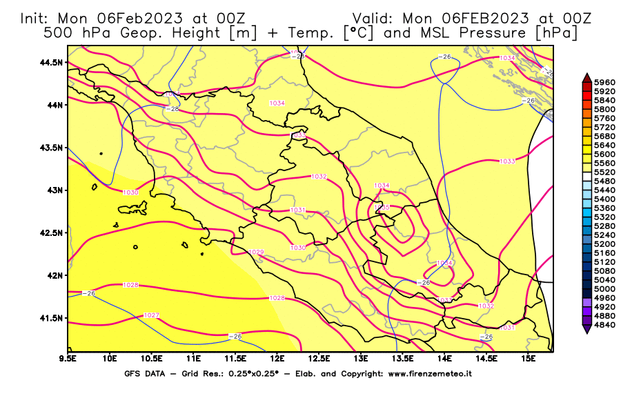 Mappa di analisi GFS - Geopotenziale [m] + Temp. [°C] a 500 hPa + Press. a livello del mare [hPa] in Centro-Italia
							del 06/02/2023 00 <!--googleoff: index-->UTC<!--googleon: index-->