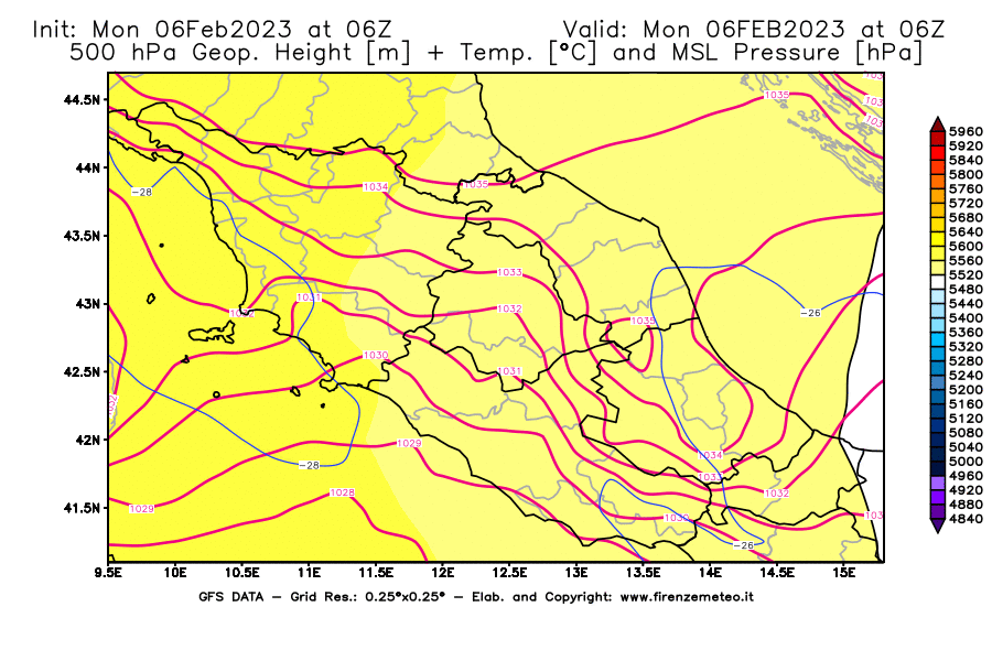 Mappa di analisi GFS - Geopotenziale [m] + Temp. [°C] a 500 hPa + Press. a livello del mare [hPa] in Centro-Italia
							del 06/02/2023 06 <!--googleoff: index-->UTC<!--googleon: index-->