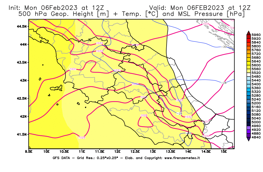 Mappa di analisi GFS - Geopotenziale [m] + Temp. [°C] a 500 hPa + Press. a livello del mare [hPa] in Centro-Italia
							del 06/02/2023 12 <!--googleoff: index-->UTC<!--googleon: index-->