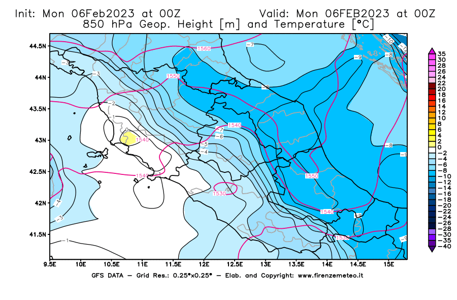 Mappa di analisi GFS - Geopotenziale [m] e Temperatura [°C] a 850 hPa in Centro-Italia
							del 06/02/2023 00 <!--googleoff: index-->UTC<!--googleon: index-->