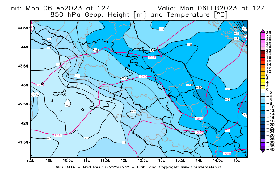 Mappa di analisi GFS - Geopotenziale [m] e Temperatura [°C] a 850 hPa in Centro-Italia
							del 06/02/2023 12 <!--googleoff: index-->UTC<!--googleon: index-->