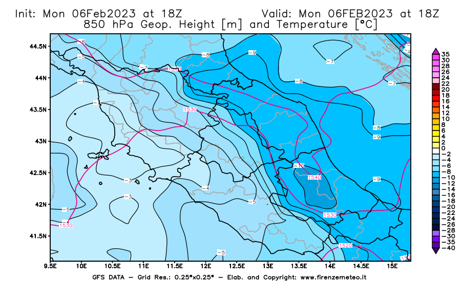 Mappa di analisi GFS - Geopotenziale [m] e Temperatura [°C] a 850 hPa in Centro-Italia
							del 06/02/2023 18 <!--googleoff: index-->UTC<!--googleon: index-->
