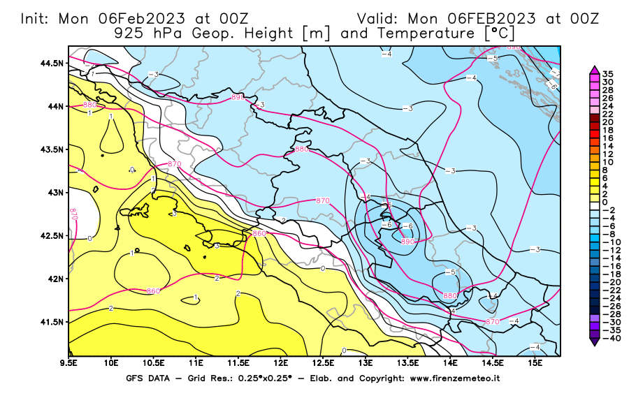 Mappa di analisi GFS - Geopotenziale [m] e Temperatura [°C] a 925 hPa in Centro-Italia
							del 06/02/2023 00 <!--googleoff: index-->UTC<!--googleon: index-->