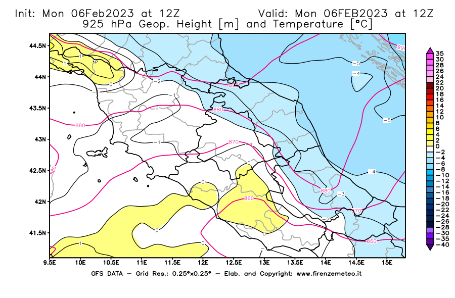 Mappa di analisi GFS - Geopotenziale [m] e Temperatura [°C] a 925 hPa in Centro-Italia
							del 06/02/2023 12 <!--googleoff: index-->UTC<!--googleon: index-->