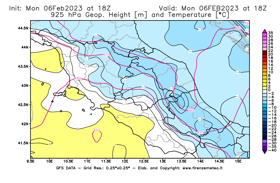 Mappa di analisi GFS - Geopotenziale [m] e Temperatura [°C] a 925 hPa in Centro-Italia
							del 06/02/2023 18 <!--googleoff: index-->UTC<!--googleon: index-->