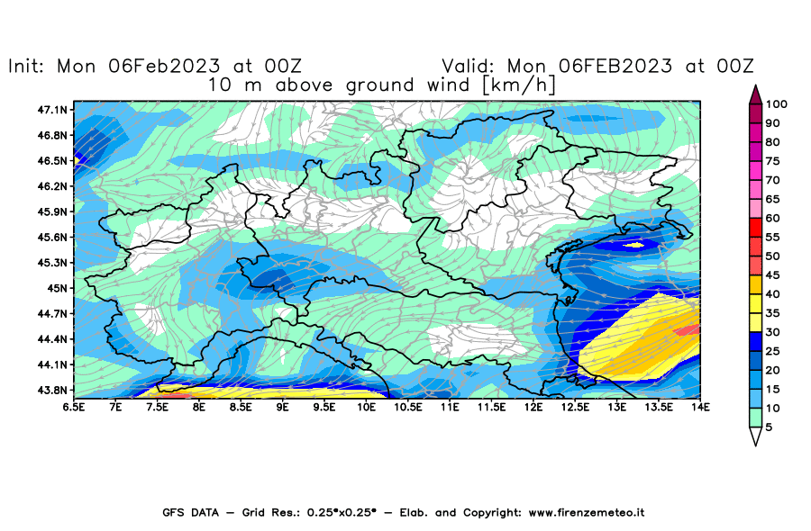 Mappa di analisi GFS - Velocità del vento a 10 metri dal suolo [km/h] in Nord-Italia
							del 06/02/2023 00 <!--googleoff: index-->UTC<!--googleon: index-->