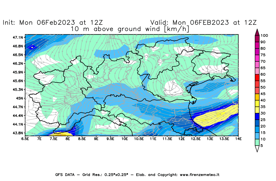 Mappa di analisi GFS - Velocità del vento a 10 metri dal suolo [km/h] in Nord-Italia
							del 06/02/2023 12 <!--googleoff: index-->UTC<!--googleon: index-->