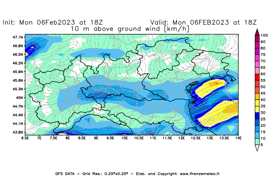 Mappa di analisi GFS - Velocità del vento a 10 metri dal suolo [km/h] in Nord-Italia
							del 06/02/2023 18 <!--googleoff: index-->UTC<!--googleon: index-->