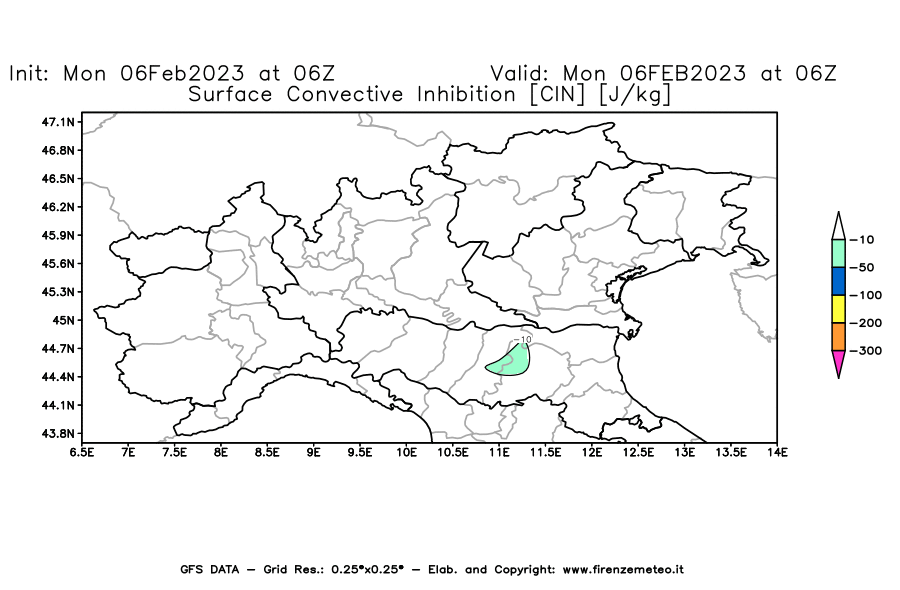 Mappa di analisi GFS - CIN [J/kg] in Nord-Italia
							del 06/02/2023 06 <!--googleoff: index-->UTC<!--googleon: index-->