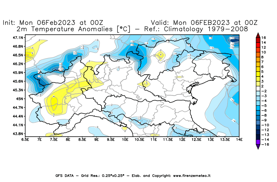 Mappa di analisi GFS - Anomalia Temperatura [°C] a 2 m in Nord-Italia
							del 06/02/2023 00 <!--googleoff: index-->UTC<!--googleon: index-->