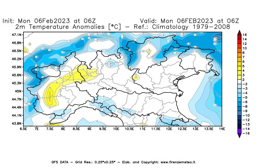 Mappa di analisi GFS - Anomalia Temperatura [°C] a 2 m in Nord-Italia
							del 06/02/2023 06 <!--googleoff: index-->UTC<!--googleon: index-->