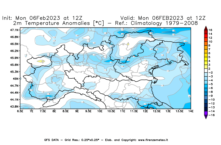 Mappa di analisi GFS - Anomalia Temperatura [°C] a 2 m in Nord-Italia
							del 06/02/2023 12 <!--googleoff: index-->UTC<!--googleon: index-->