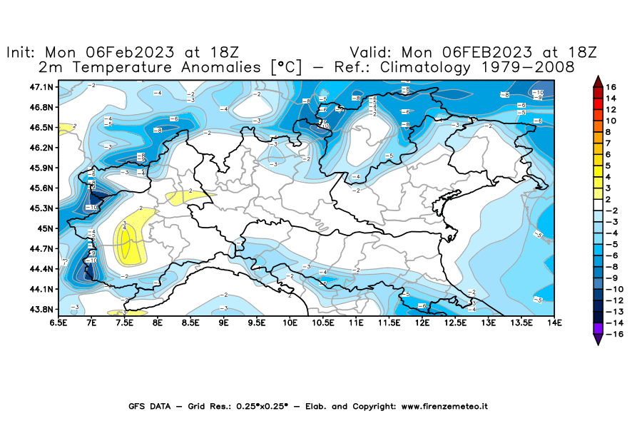Mappa di analisi GFS - Anomalia Temperatura [°C] a 2 m in Nord-Italia
							del 06/02/2023 18 <!--googleoff: index-->UTC<!--googleon: index-->