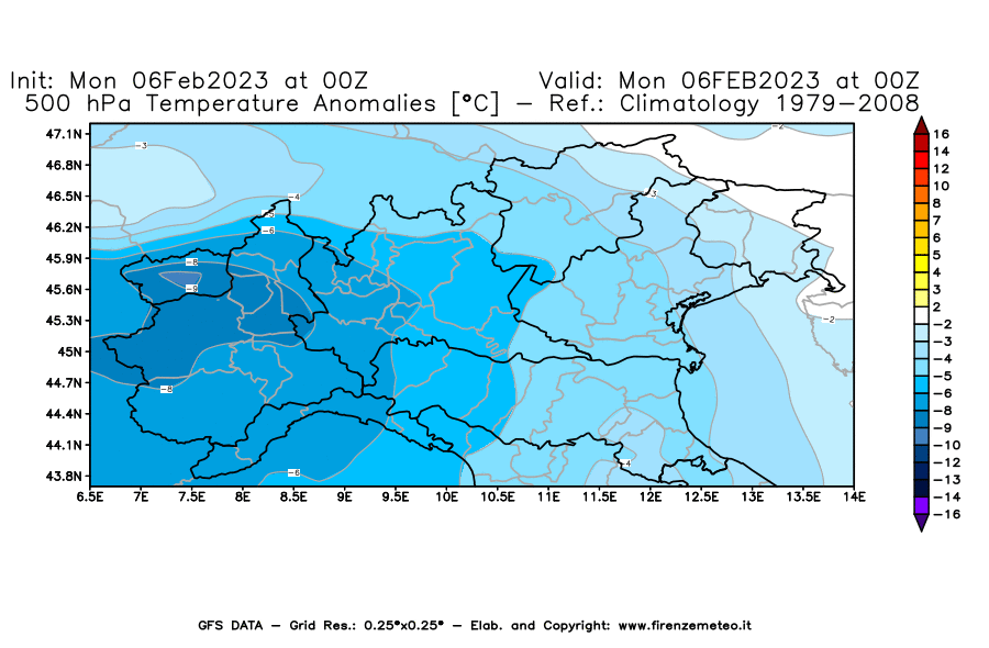 Mappa di analisi GFS - Anomalia Temperatura [°C] a 500 hPa in Nord-Italia
							del 06/02/2023 00 <!--googleoff: index-->UTC<!--googleon: index-->