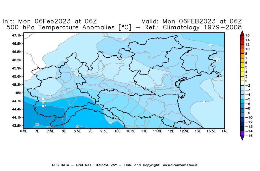 Mappa di analisi GFS - Anomalia Temperatura [°C] a 500 hPa in Nord-Italia
							del 06/02/2023 06 <!--googleoff: index-->UTC<!--googleon: index-->