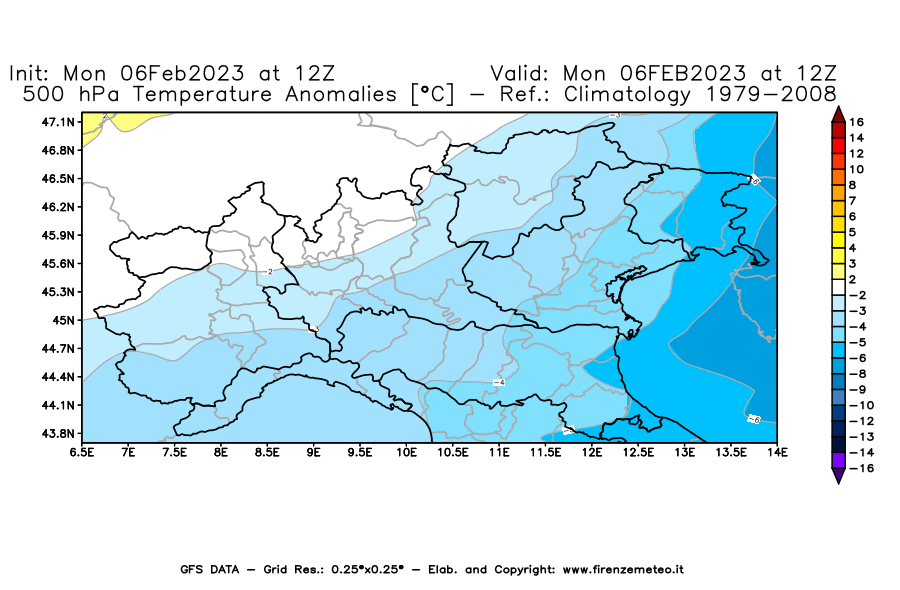 Mappa di analisi GFS - Anomalia Temperatura [°C] a 500 hPa in Nord-Italia
							del 06/02/2023 12 <!--googleoff: index-->UTC<!--googleon: index-->