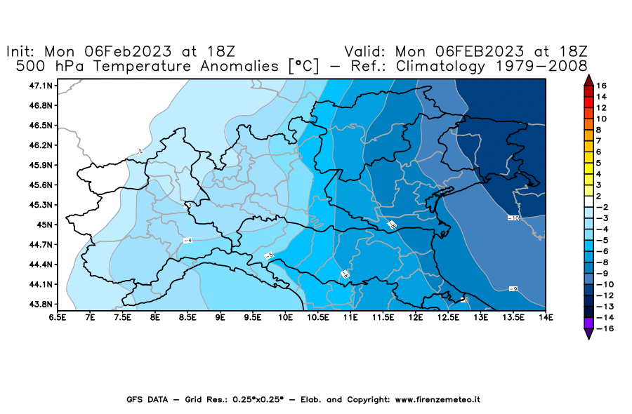 Mappa di analisi GFS - Anomalia Temperatura [°C] a 500 hPa in Nord-Italia
							del 06/02/2023 18 <!--googleoff: index-->UTC<!--googleon: index-->