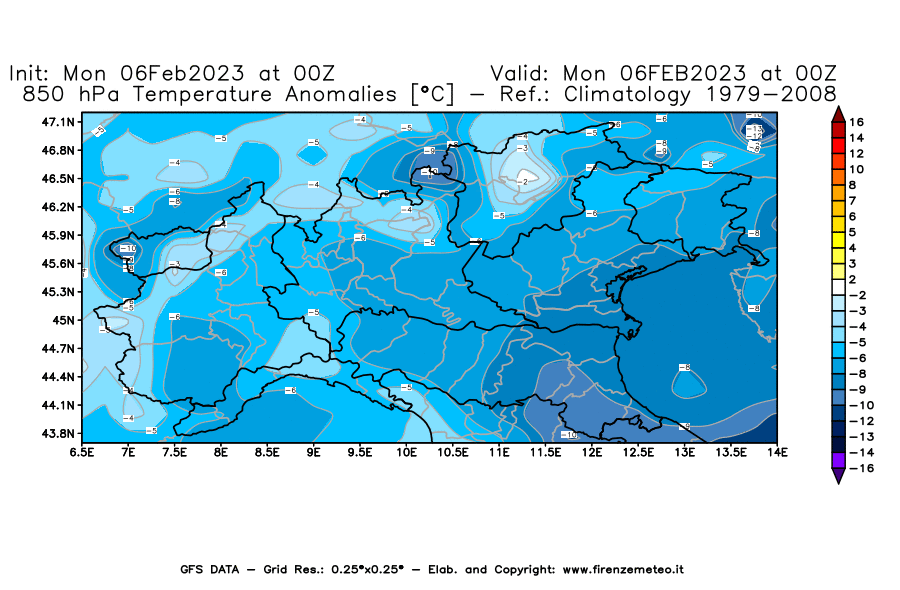 Mappa di analisi GFS - Anomalia Temperatura [°C] a 850 hPa in Nord-Italia
							del 06/02/2023 00 <!--googleoff: index-->UTC<!--googleon: index-->