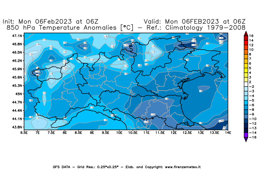 Mappa di analisi GFS - Anomalia Temperatura [°C] a 850 hPa in Nord-Italia
							del 06/02/2023 06 <!--googleoff: index-->UTC<!--googleon: index-->
