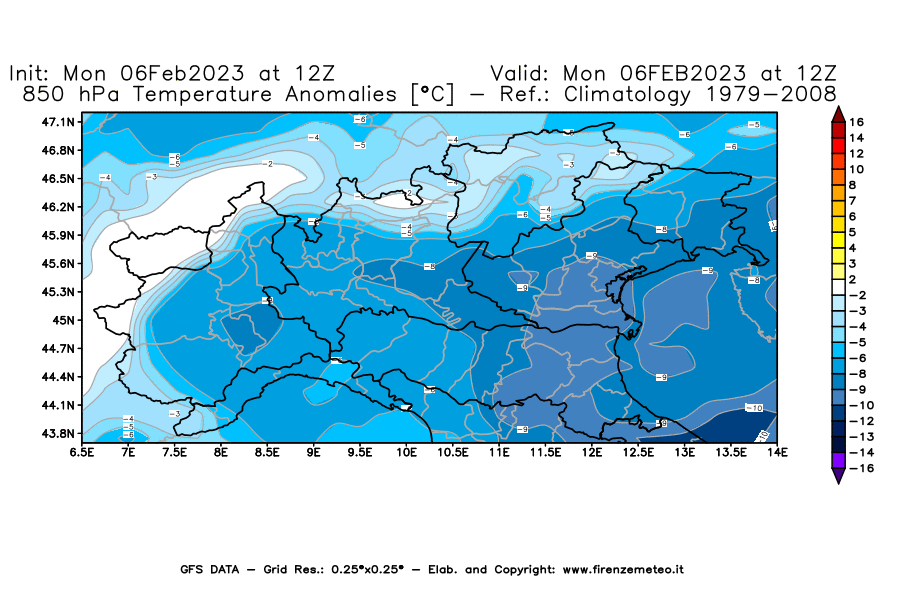 Mappa di analisi GFS - Anomalia Temperatura [°C] a 850 hPa in Nord-Italia
							del 06/02/2023 12 <!--googleoff: index-->UTC<!--googleon: index-->