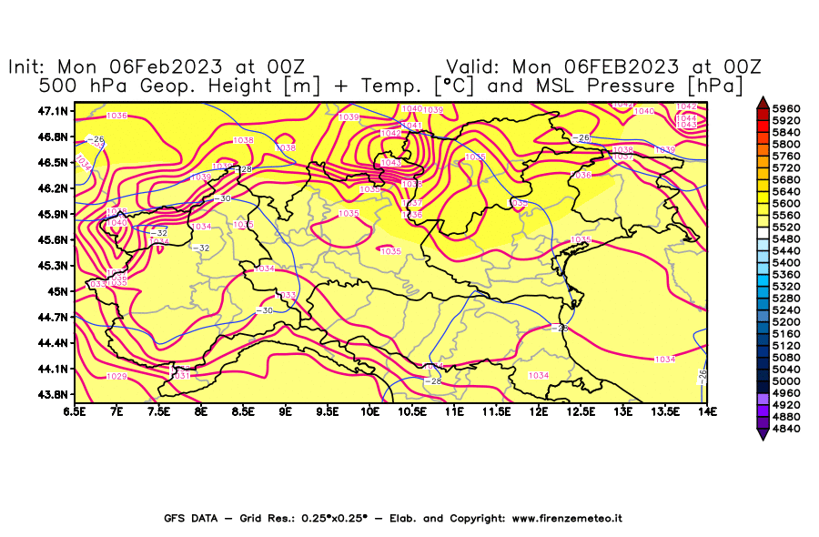 Mappa di analisi GFS - Geopotenziale [m] + Temp. [°C] a 500 hPa + Press. a livello del mare [hPa] in Nord-Italia
							del 06/02/2023 00 <!--googleoff: index-->UTC<!--googleon: index-->