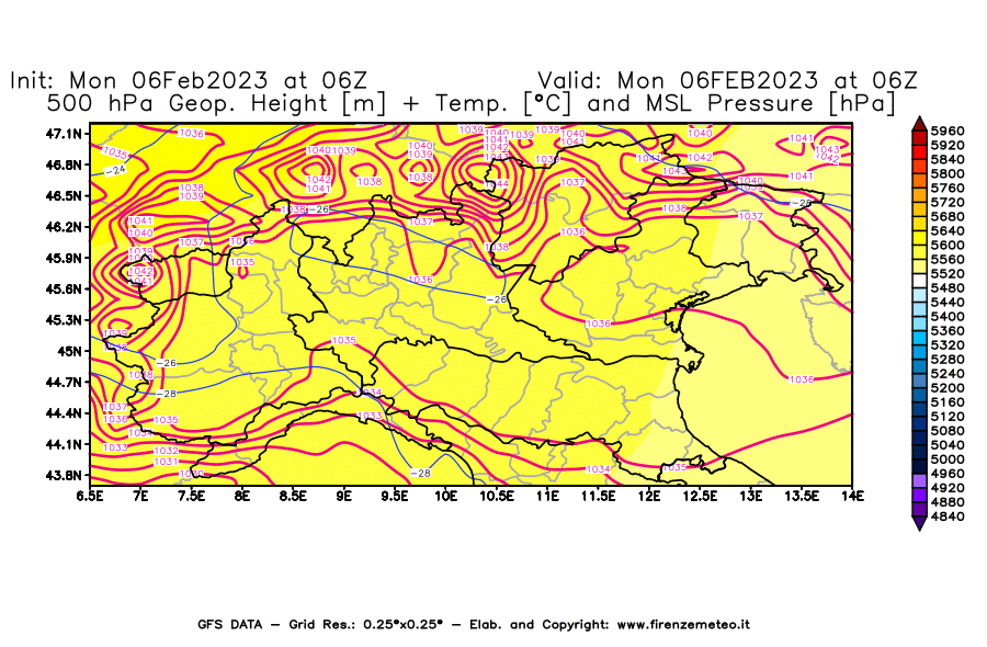 Mappa di analisi GFS - Geopotenziale [m] + Temp. [°C] a 500 hPa + Press. a livello del mare [hPa] in Nord-Italia
							del 06/02/2023 06 <!--googleoff: index-->UTC<!--googleon: index-->