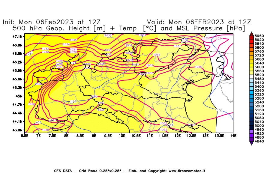 Mappa di analisi GFS - Geopotenziale [m] + Temp. [°C] a 500 hPa + Press. a livello del mare [hPa] in Nord-Italia
							del 06/02/2023 12 <!--googleoff: index-->UTC<!--googleon: index-->