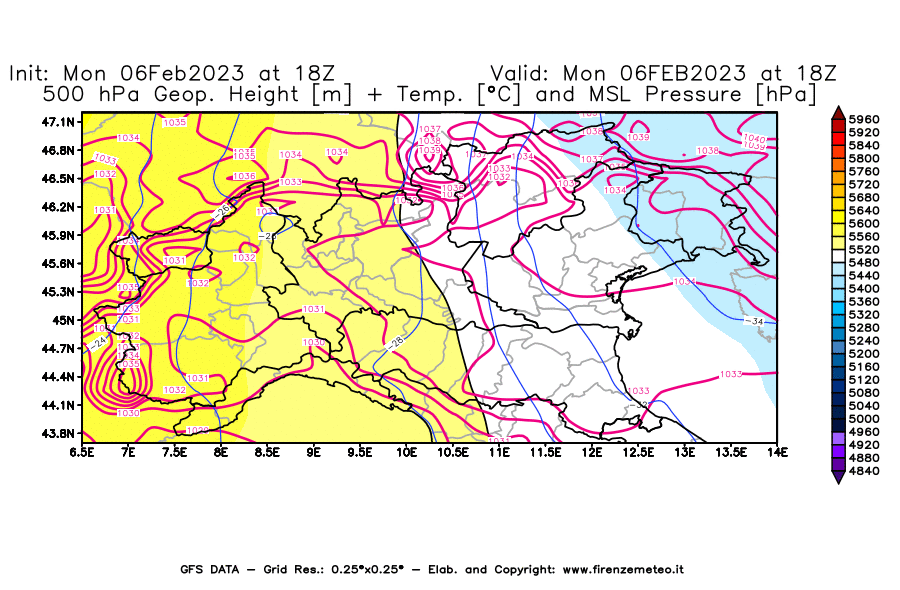 Mappa di analisi GFS - Geopotenziale [m] + Temp. [°C] a 500 hPa + Press. a livello del mare [hPa] in Nord-Italia
							del 06/02/2023 18 <!--googleoff: index-->UTC<!--googleon: index-->