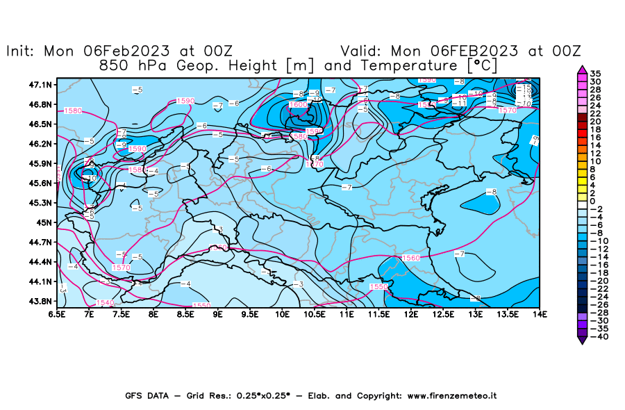Mappa di analisi GFS - Geopotenziale [m] e Temperatura [°C] a 850 hPa in Nord-Italia
							del 06/02/2023 00 <!--googleoff: index-->UTC<!--googleon: index-->