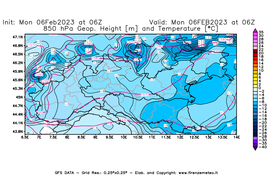 Mappa di analisi GFS - Geopotenziale [m] e Temperatura [°C] a 850 hPa in Nord-Italia
							del 06/02/2023 06 <!--googleoff: index-->UTC<!--googleon: index-->