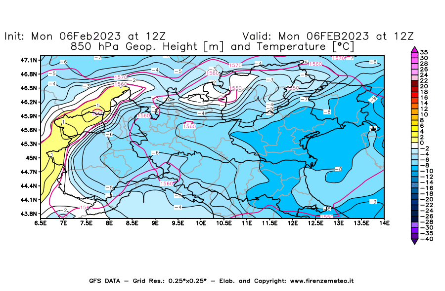 Mappa di analisi GFS - Geopotenziale [m] e Temperatura [°C] a 850 hPa in Nord-Italia
							del 06/02/2023 12 <!--googleoff: index-->UTC<!--googleon: index-->