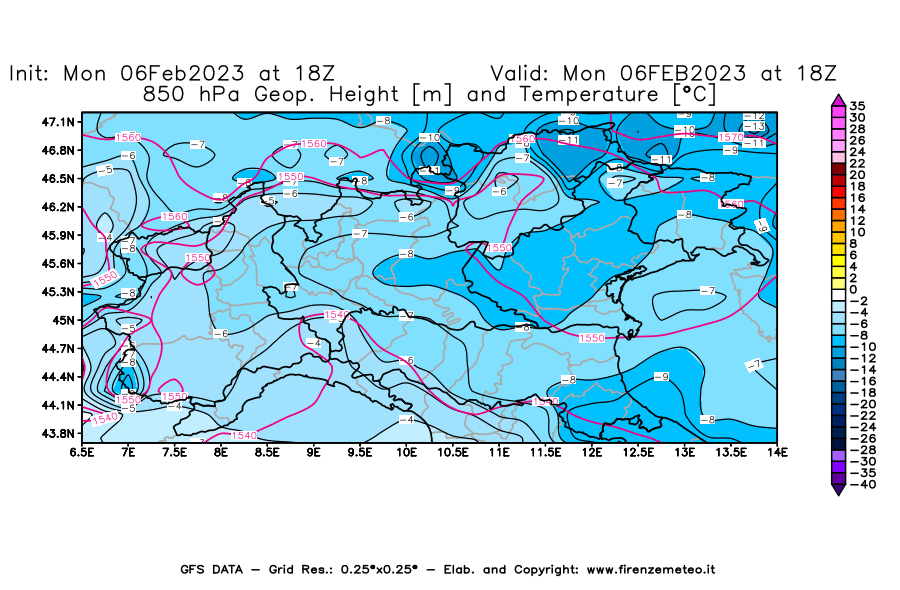Mappa di analisi GFS - Geopotenziale [m] e Temperatura [°C] a 850 hPa in Nord-Italia
							del 06/02/2023 18 <!--googleoff: index-->UTC<!--googleon: index-->