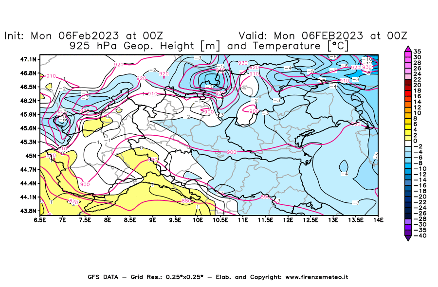 Mappa di analisi GFS - Geopotenziale [m] e Temperatura [°C] a 925 hPa in Nord-Italia
							del 06/02/2023 00 <!--googleoff: index-->UTC<!--googleon: index-->