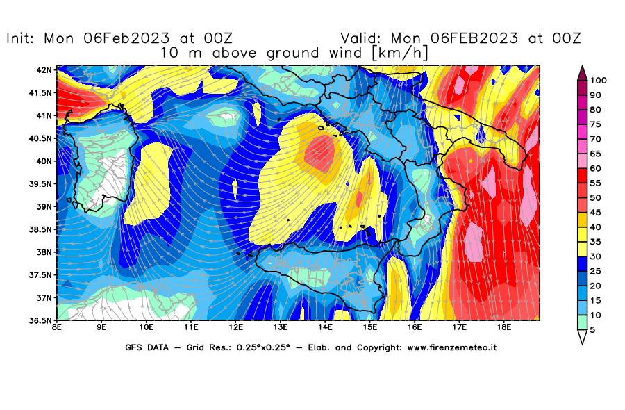 Mappa di analisi GFS - Velocità del vento a 10 metri dal suolo [km/h] in Sud-Italia
							del 06/02/2023 00 <!--googleoff: index-->UTC<!--googleon: index-->